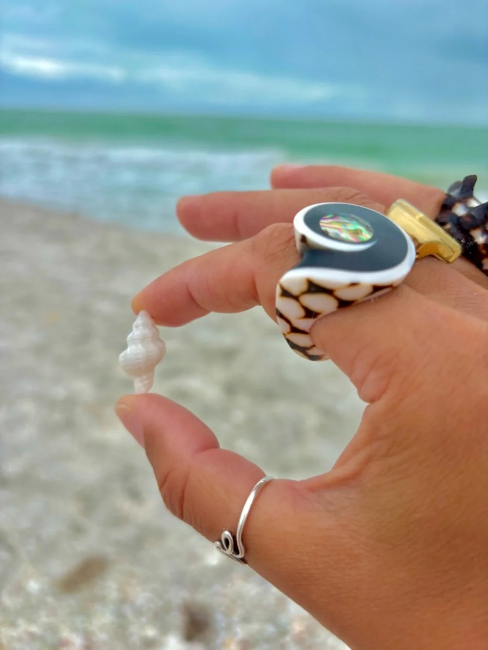 Flea Cone Shell Ring - Cocktail Ring - mother of pearl top